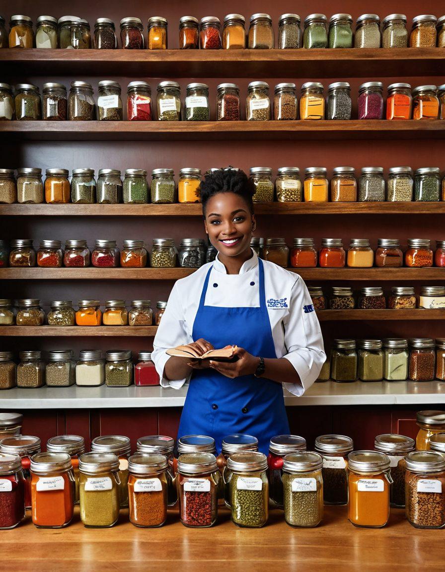 A vibrant kitchen scene showcasing an array of colorful spices in beautifully labeled jars, with a cookbook open on a counter, a chef enthusiastically mixing ingredients, and a burst of flavors illustrated in the background like a flavor explosion. super-realistic. vibrant colors. warm lighting.